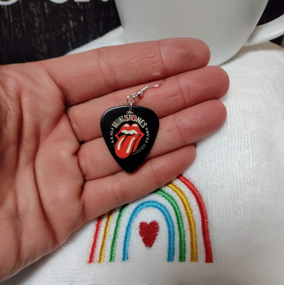 New Rolling Stones Favorite Band Logo Silver Guitar Pick Earrings - Picture 2 of 5